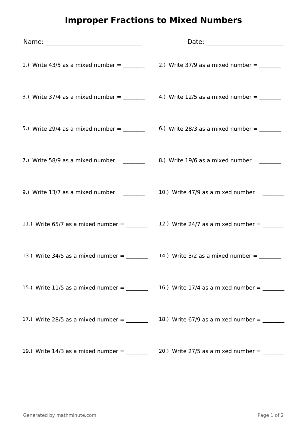 Free printable Improper Fractions to Mixed Numbers math worksheet — page 1 preview.