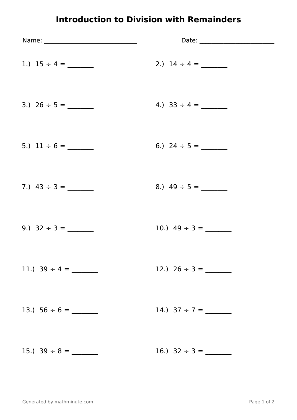 Free printable Introduction to Division with Remainders math worksheet — page 1 preview.
