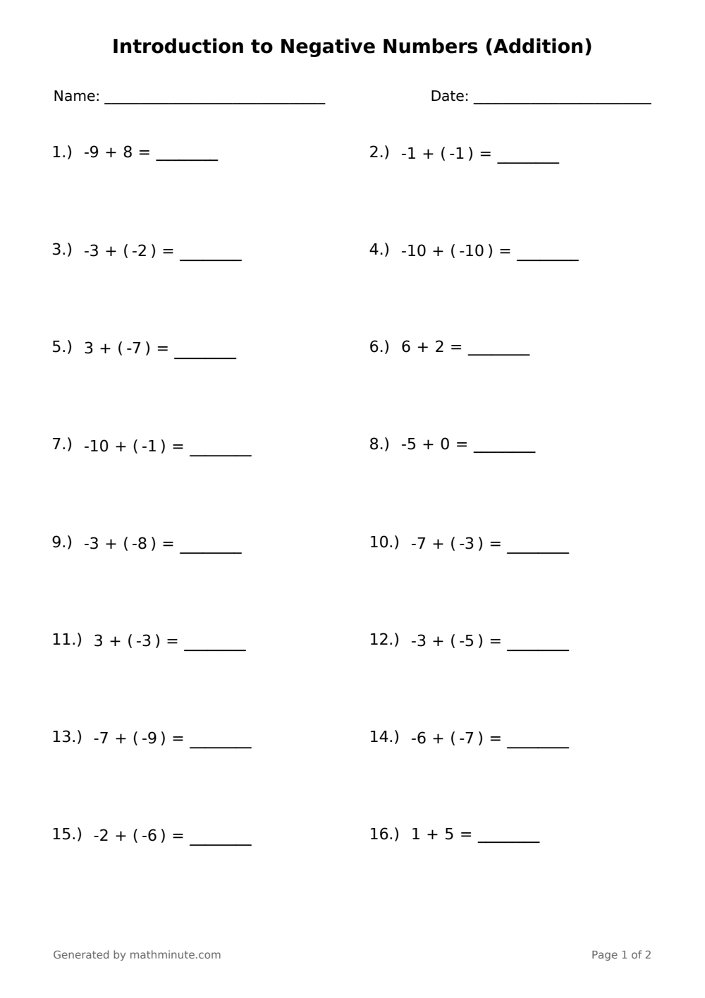 Free printable Introduction to Negative Numbers (Addition) math worksheet — page 1 preview.