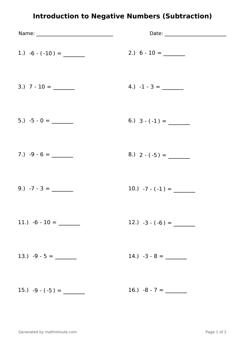 Free printable Introduction to Negative Numbers (Subtraction) math worksheet — page 1 preview.