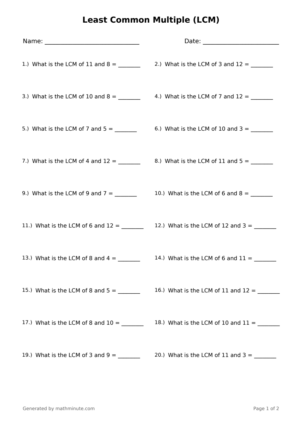 Free printable Least Common Multiple (LCM) math worksheet — page 1 preview.