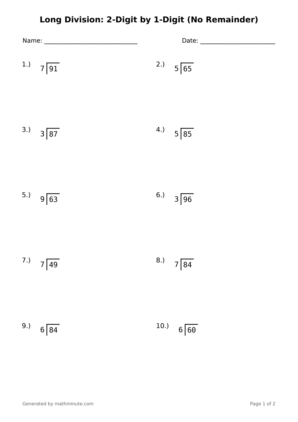 Free printable Long Division: 2-Digit by 1-Digit (No Remainder) math worksheet — page 1 preview.