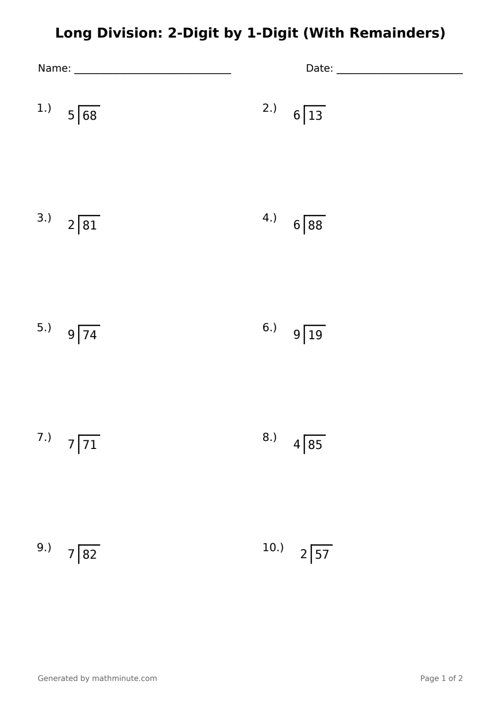 Free printable Long Division: 2-Digit by 1-Digit (With Remainders) math worksheet — page 1 preview.