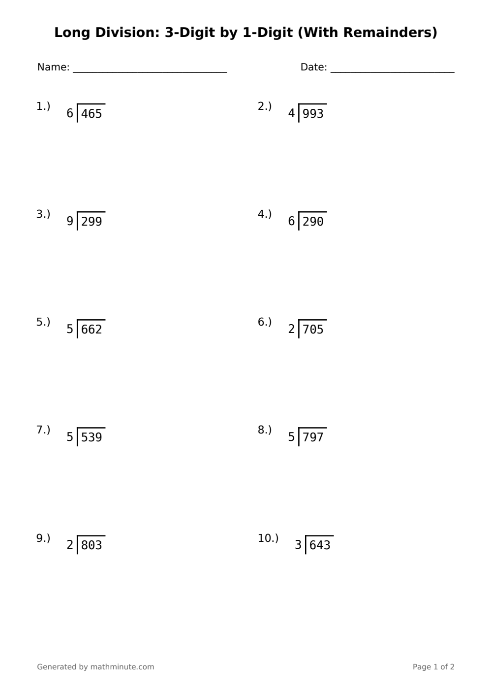 Free printable Long Division: 3-Digit by 1-Digit (With Remainders) math worksheet — page 1 preview.