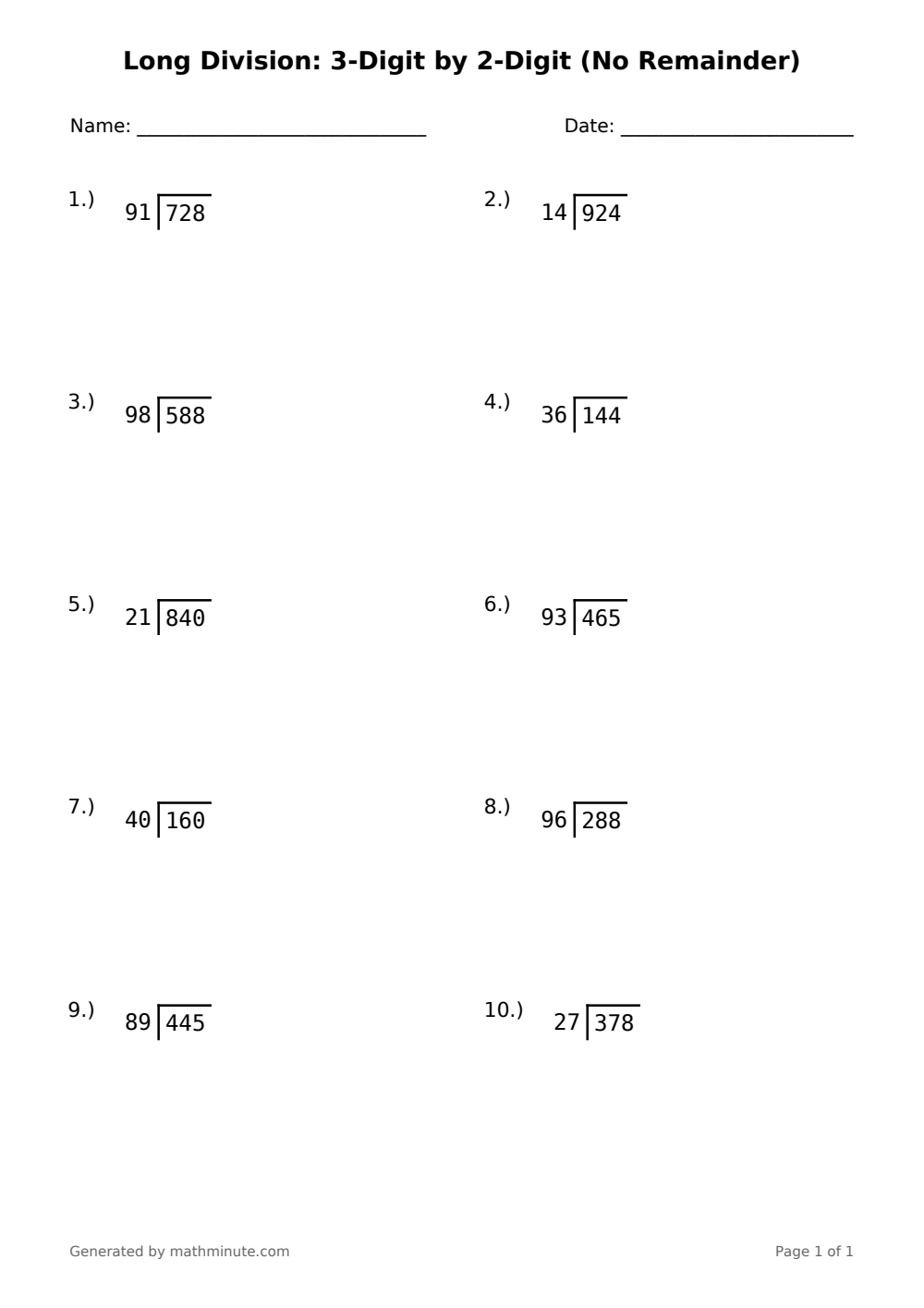 Free printable Long Division: 3-Digit by 2-Digit (No Remainder) math worksheet — page 1 preview.