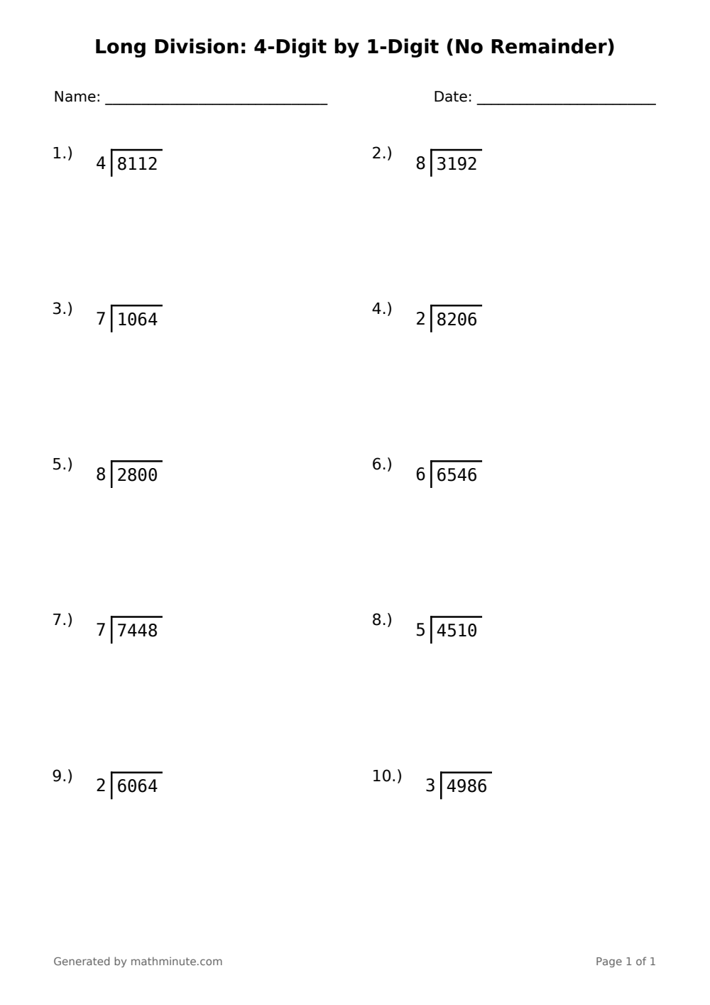 Free printable Long Division: 4-Digit by 1-Digit (No Remainder) math worksheet — page 1 preview.