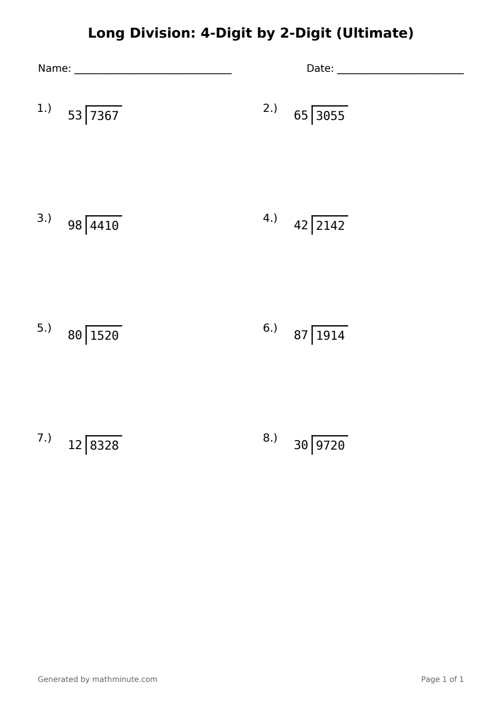 Free printable Long Division: 4-Digit by 2-Digit (Ultimate) math worksheet — page 1 preview.