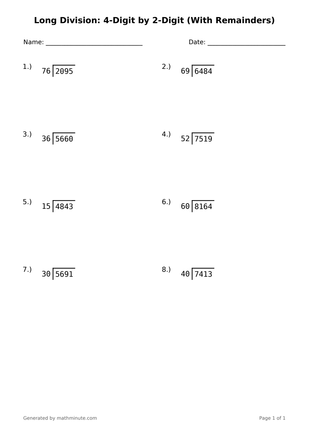 Free printable Long Division: 4-Digit by 2-Digit (With Remainders) math worksheet — page 1 preview.