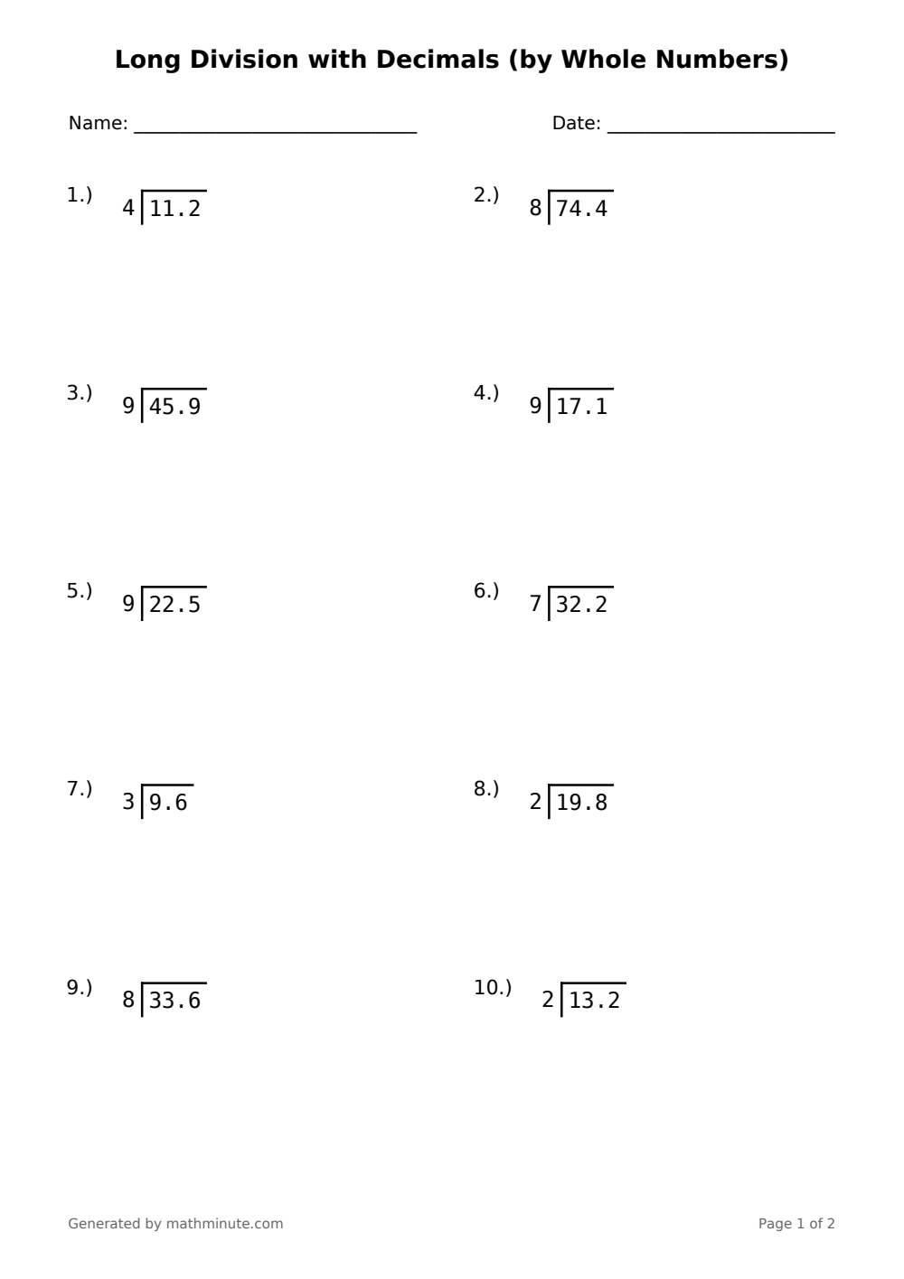 Free printable Long Division with Decimals (by Whole Numbers) math worksheet — page 1 preview.
