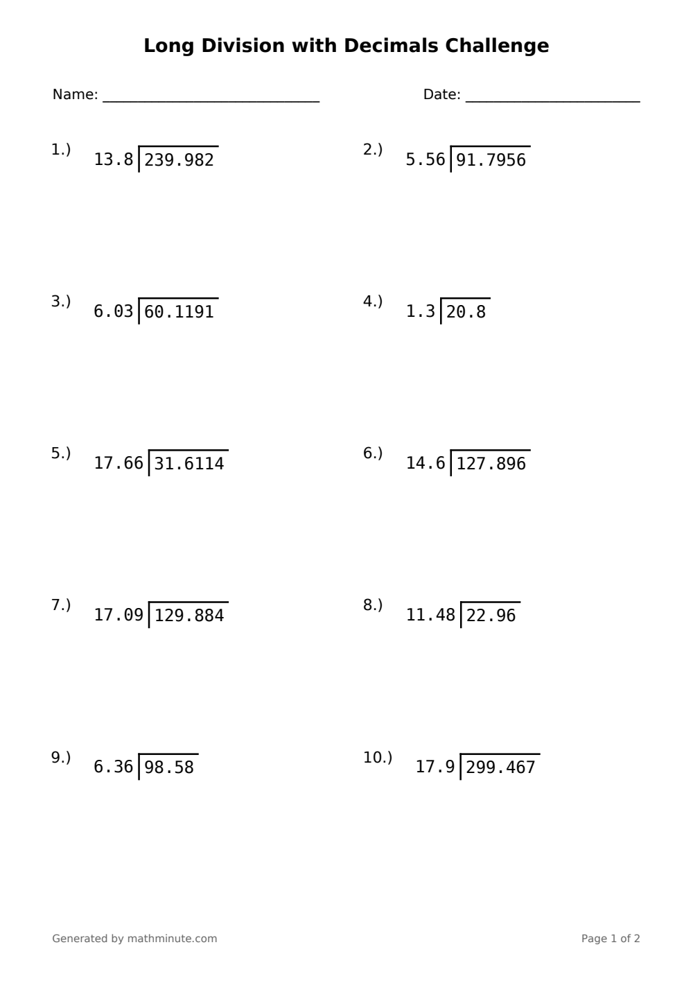 Free printable Long Division with Decimals Challenge math worksheet — page 1 preview.