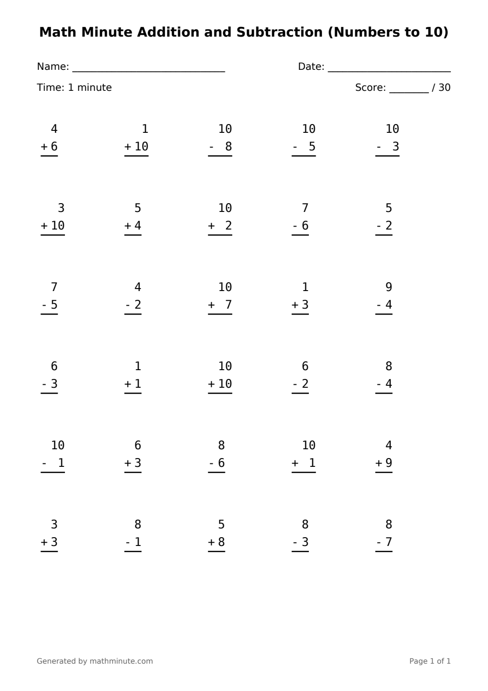 Free printable Math Minute Addition and Subtraction (Numbers to 10) math worksheet — page 1 preview.