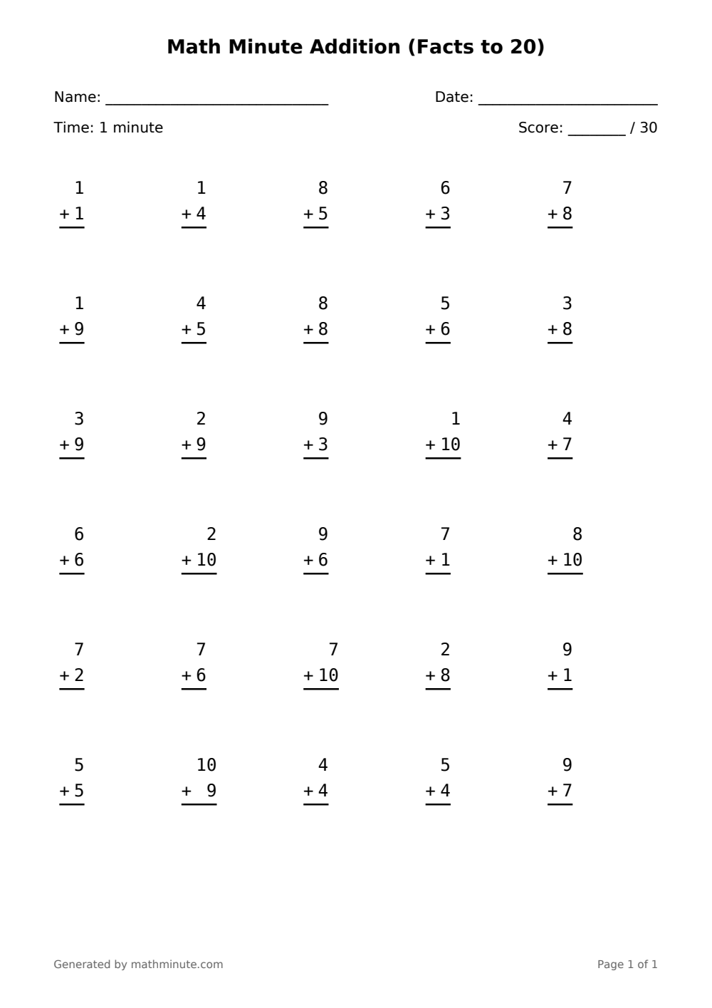 Free printable Math Minute Addition (Facts to 20) math worksheet — page 1 preview.