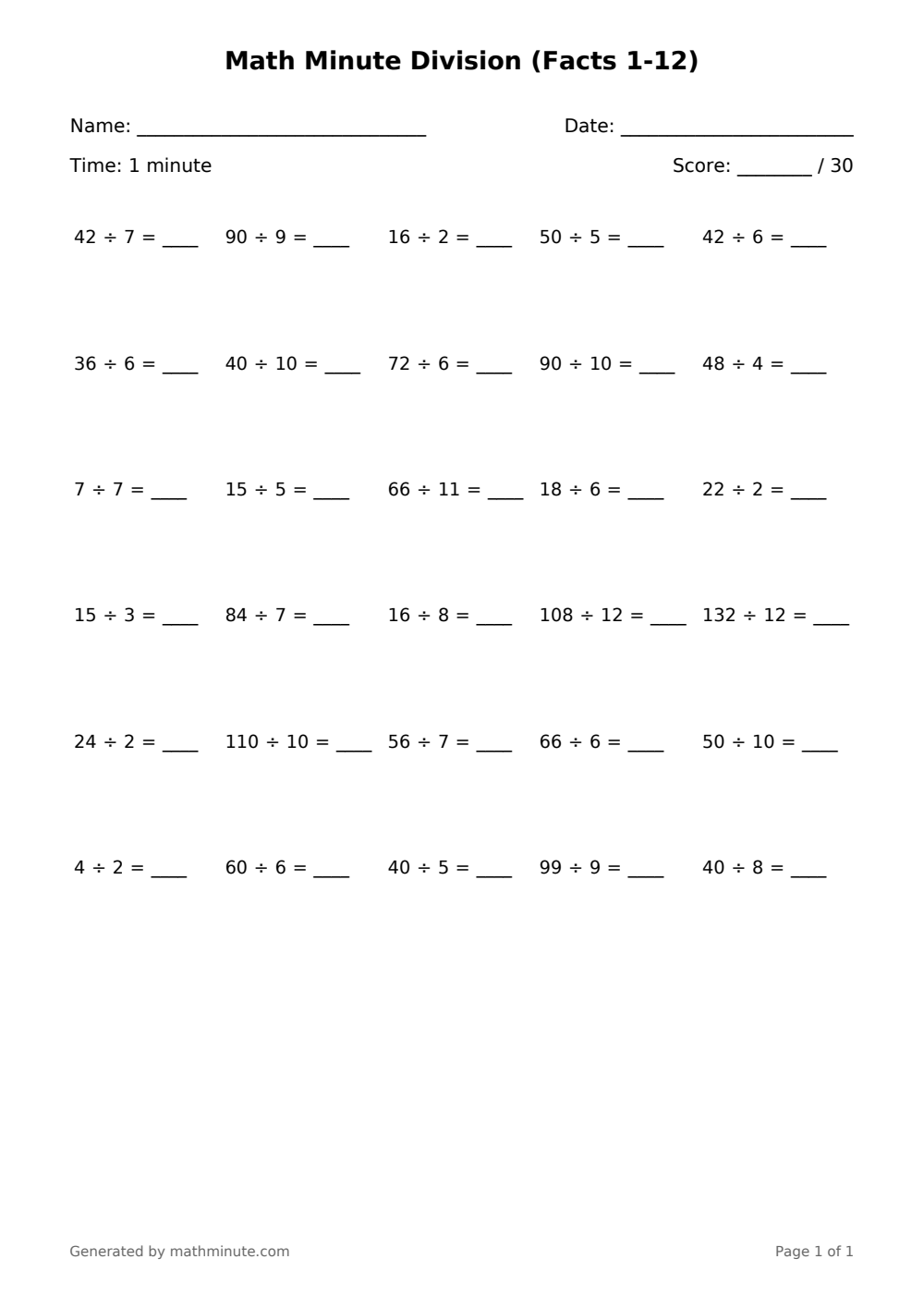 Free printable Math Minute Division (Facts 1-12) math worksheet — page 1 preview.