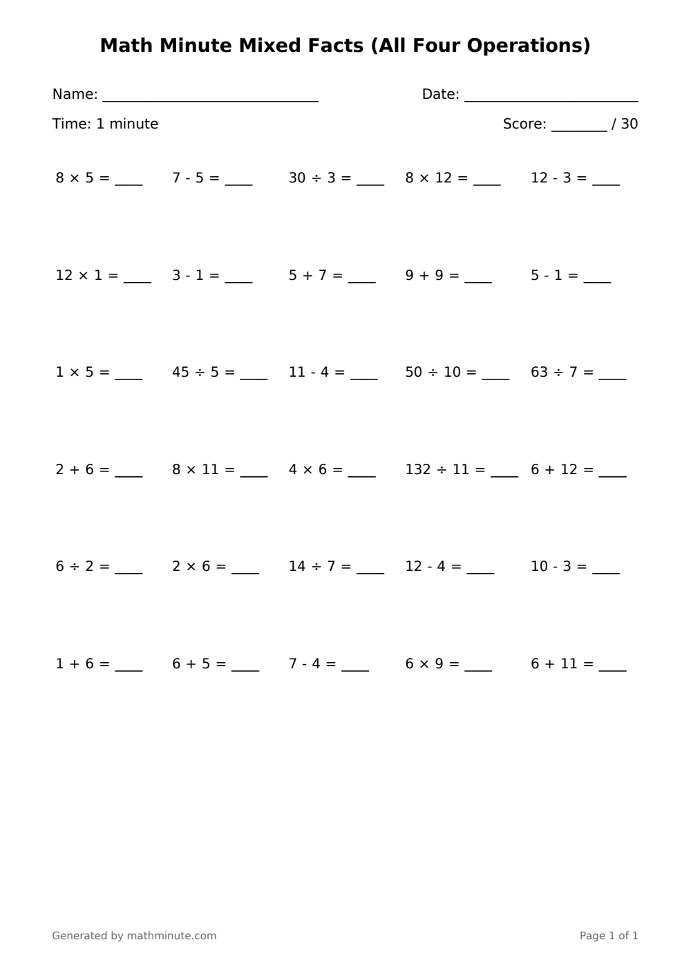 Free printable Math Minute Mixed Facts (All Four Operations) math worksheet — page 1 preview.