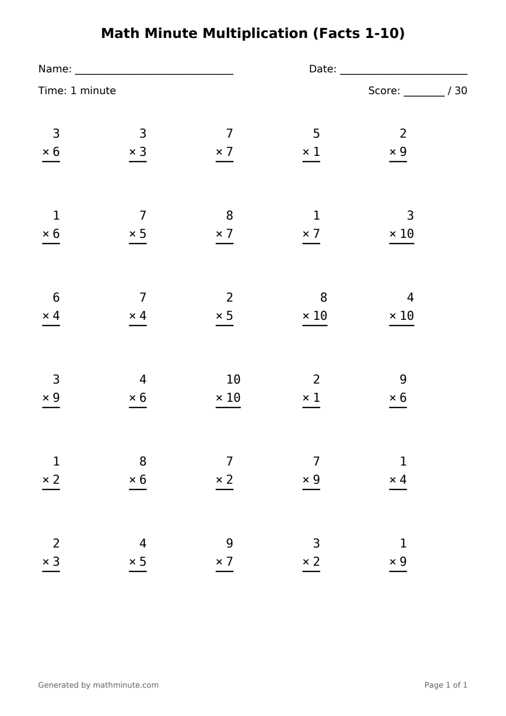 Free printable Math Minute Multiplication (Facts 1-10) math worksheet — page 1 preview.