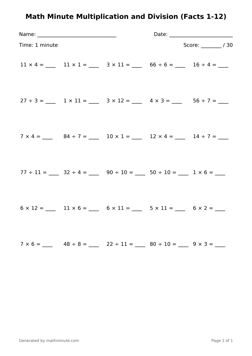 Free printable Math Minute Multiplication and Division (Facts 1-12) math worksheet — page 1 preview.
