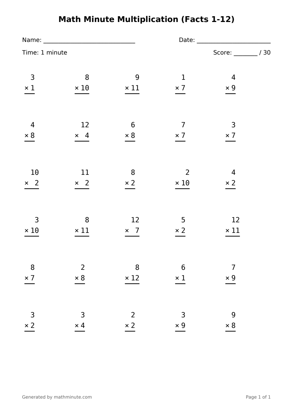 Free printable Math Minute Multiplication (Facts 1-12) math worksheet — page 1 preview.