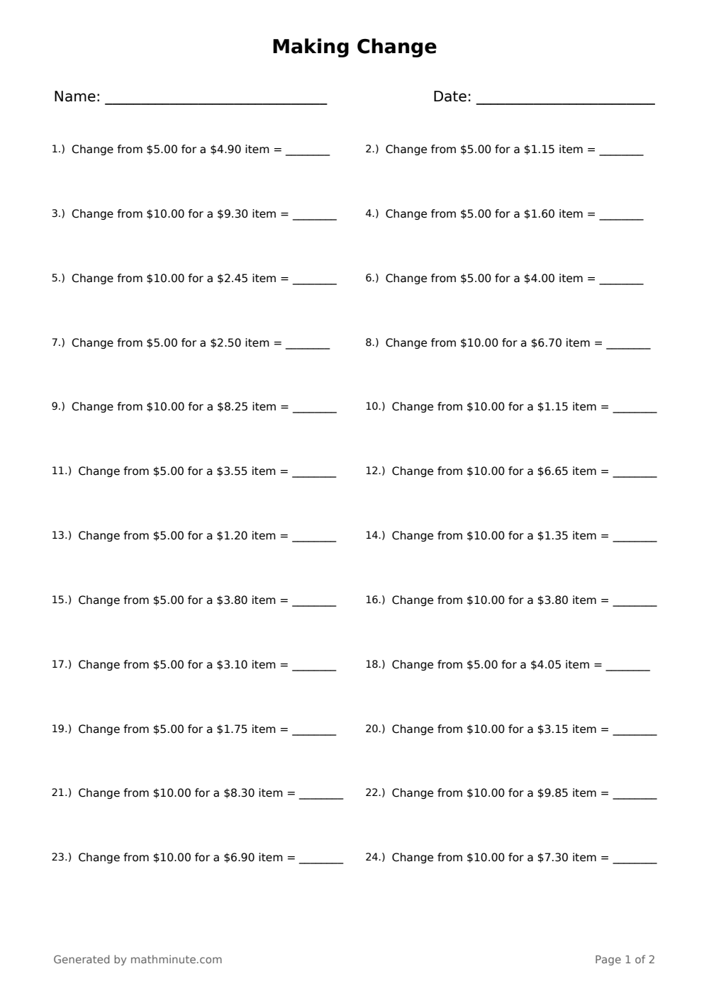Free printable Making Change math worksheet — page 1 preview.