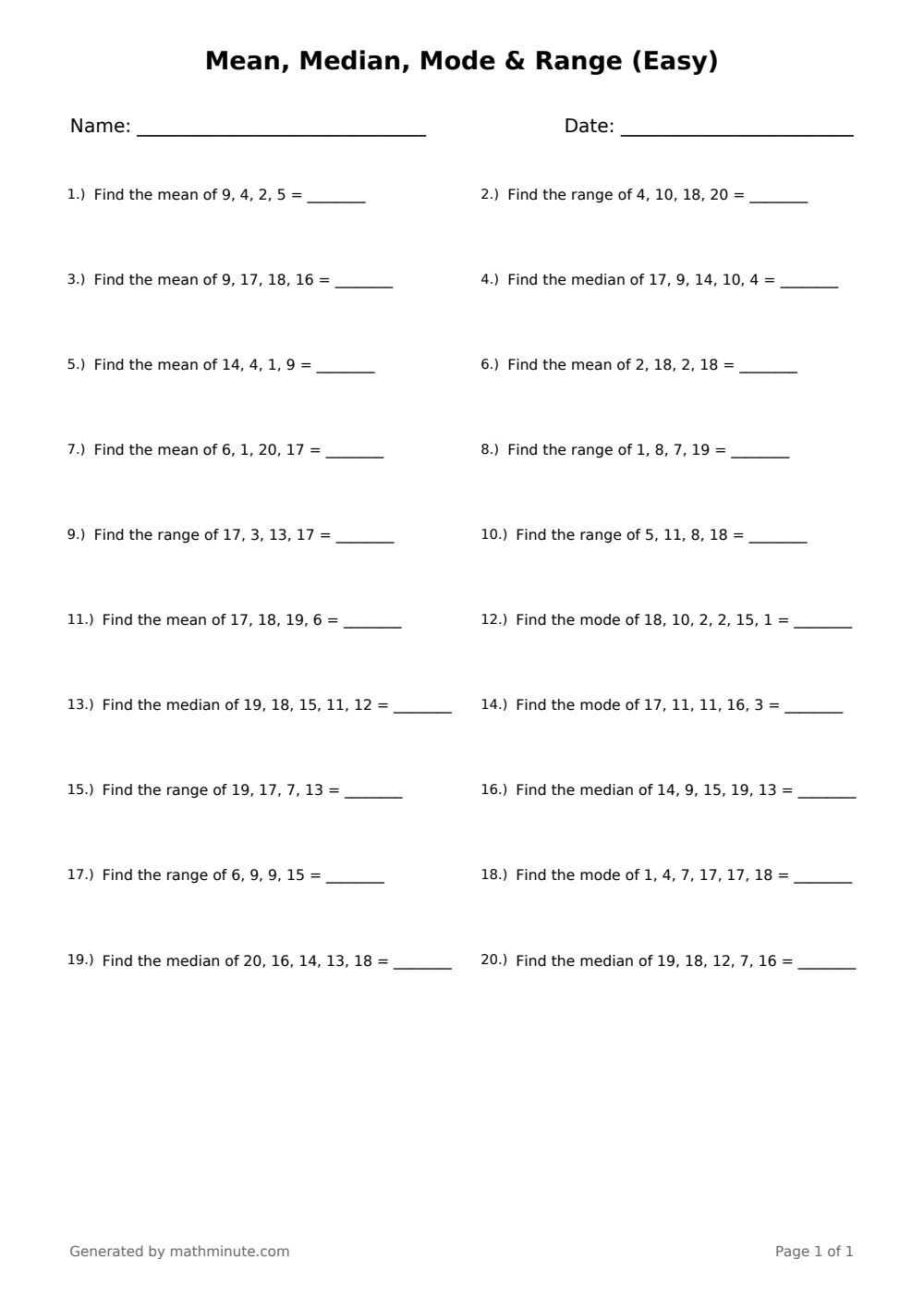 Free printable Mean, Median, Mode & Range (Easy) math worksheet — page 1 preview.