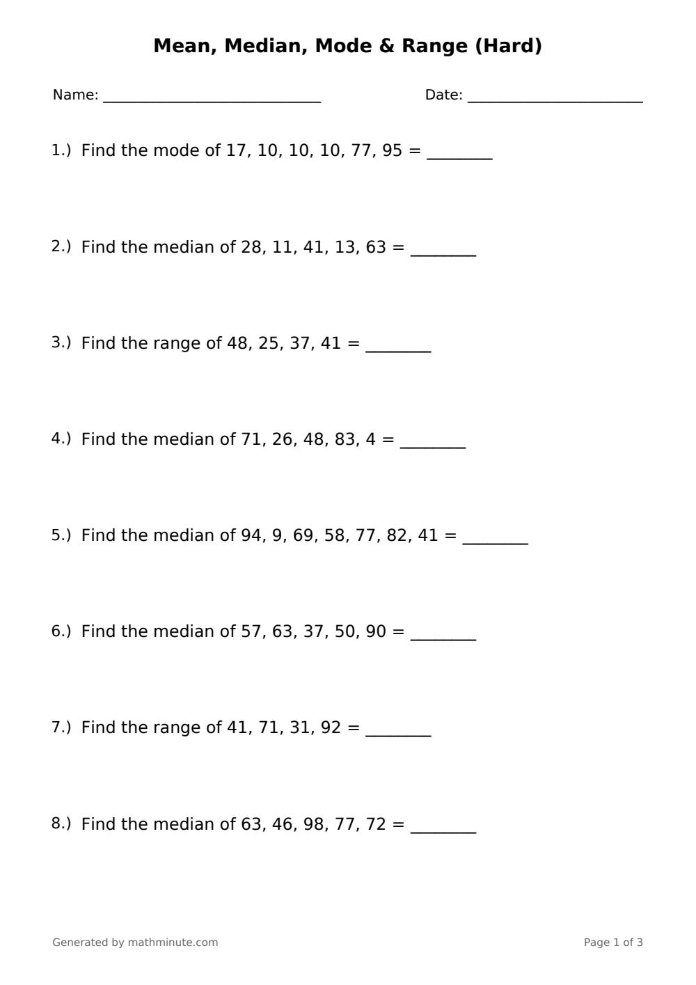 Free printable Mean, Median, Mode & Range (Hard) math worksheet — page 1 preview.