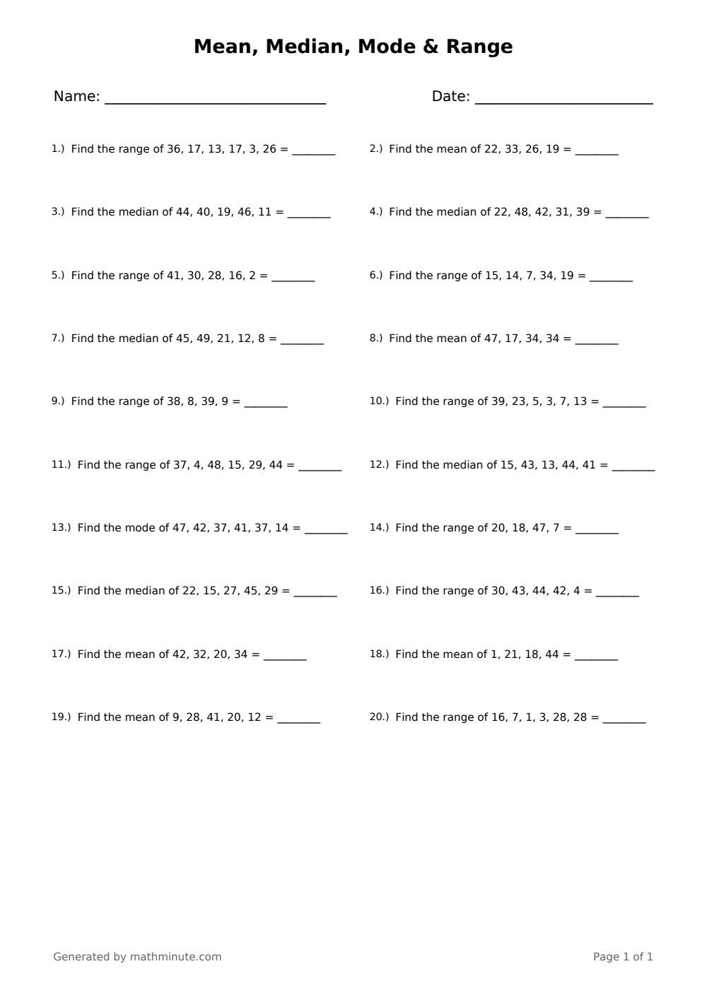 Free printable Mean, Median, Mode & Range math worksheet — page 1 preview.