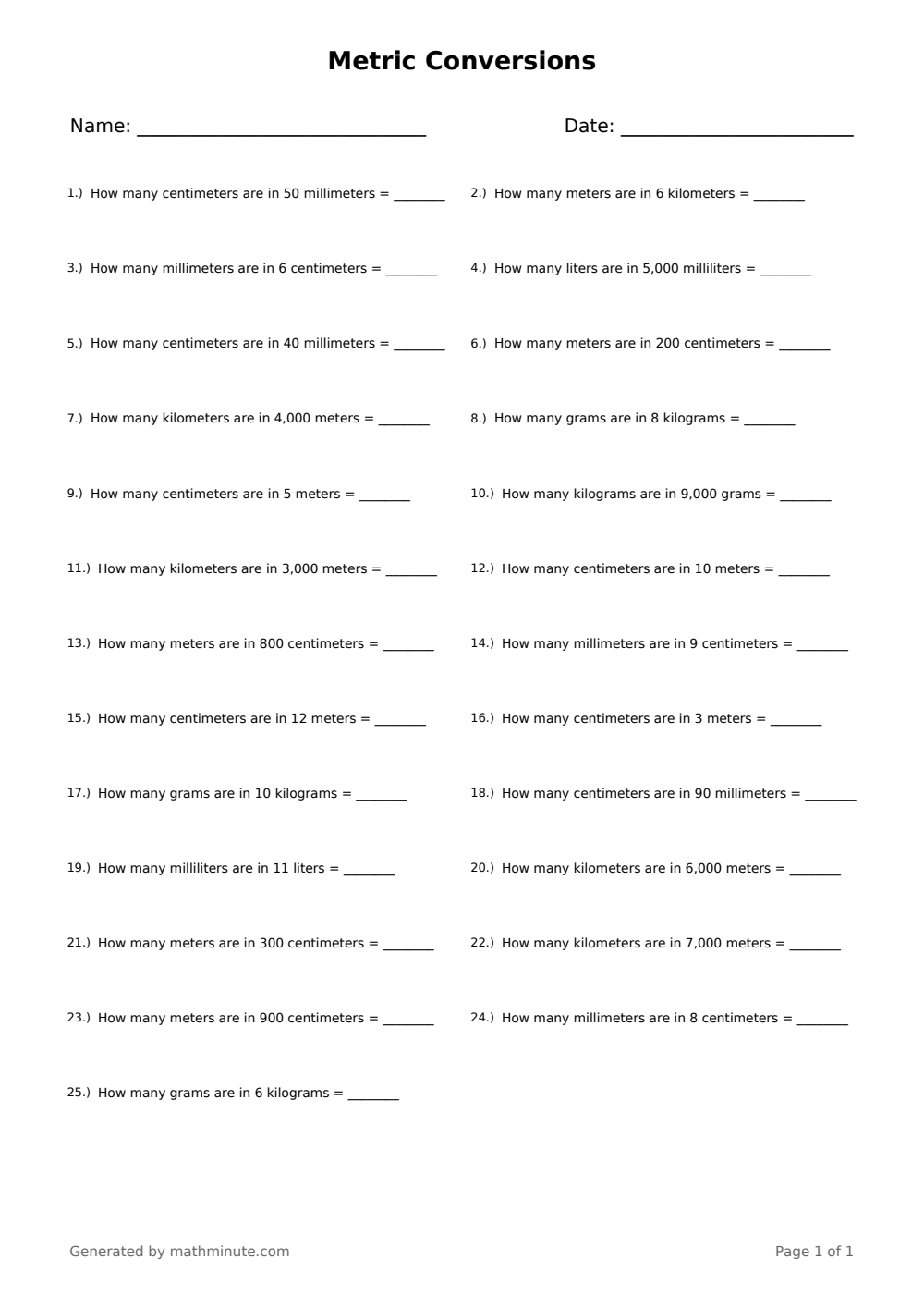 Free printable Metric Conversions math worksheet — page 1 preview.