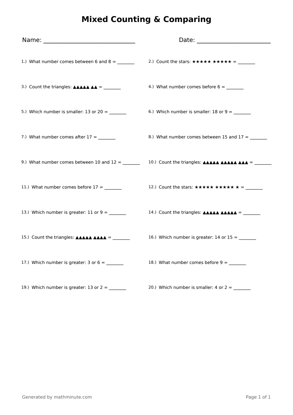 Free printable Mixed Counting & Comparing math worksheet — page 1 preview.