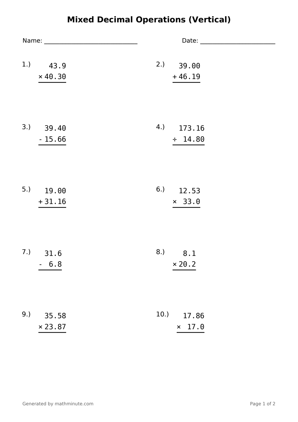 Free printable Mixed Decimal Operations (Vertical) math worksheet — page 1 preview.