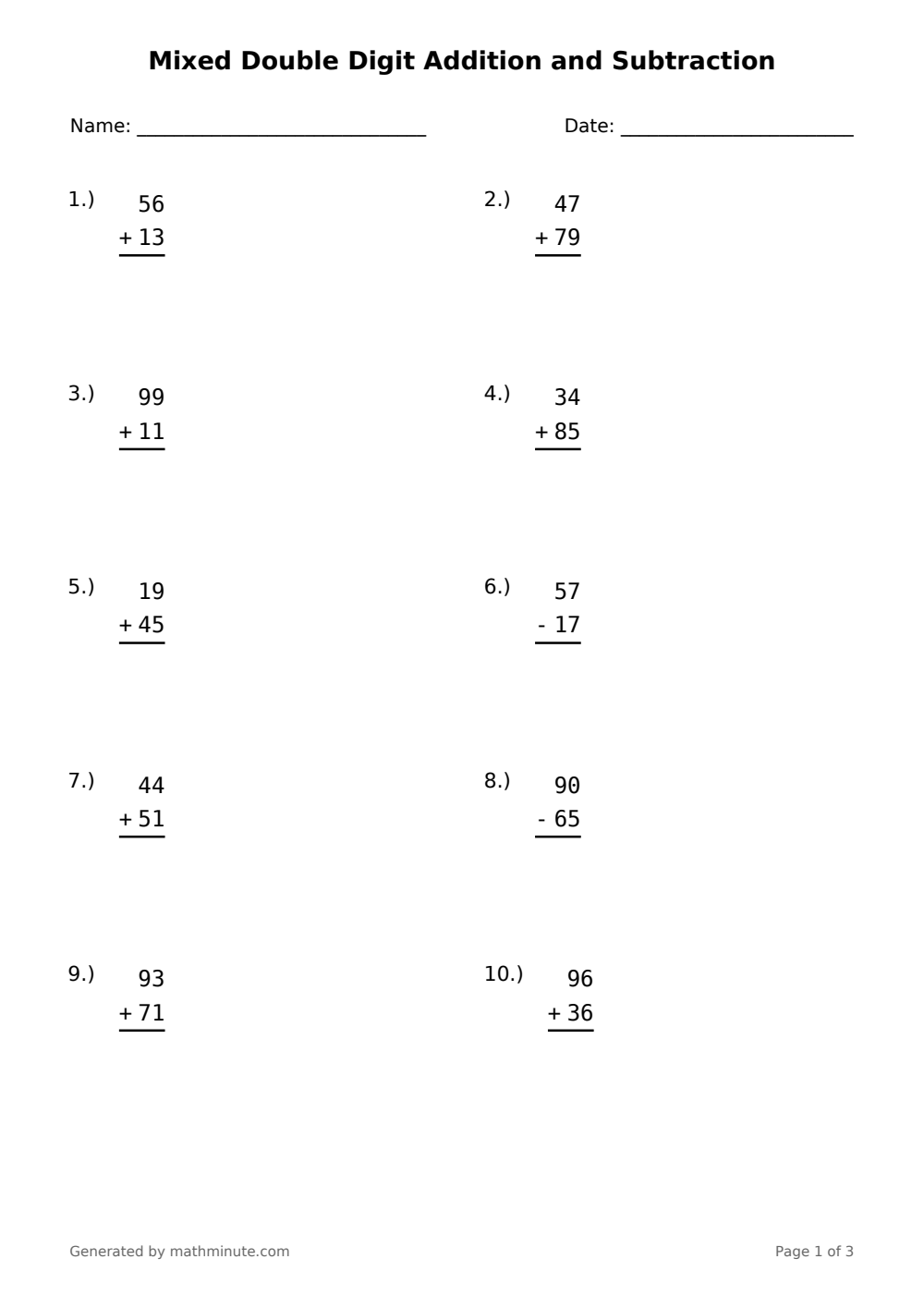 Free printable Mixed Double Digit Addition and Subtraction math worksheet — page 1 preview.