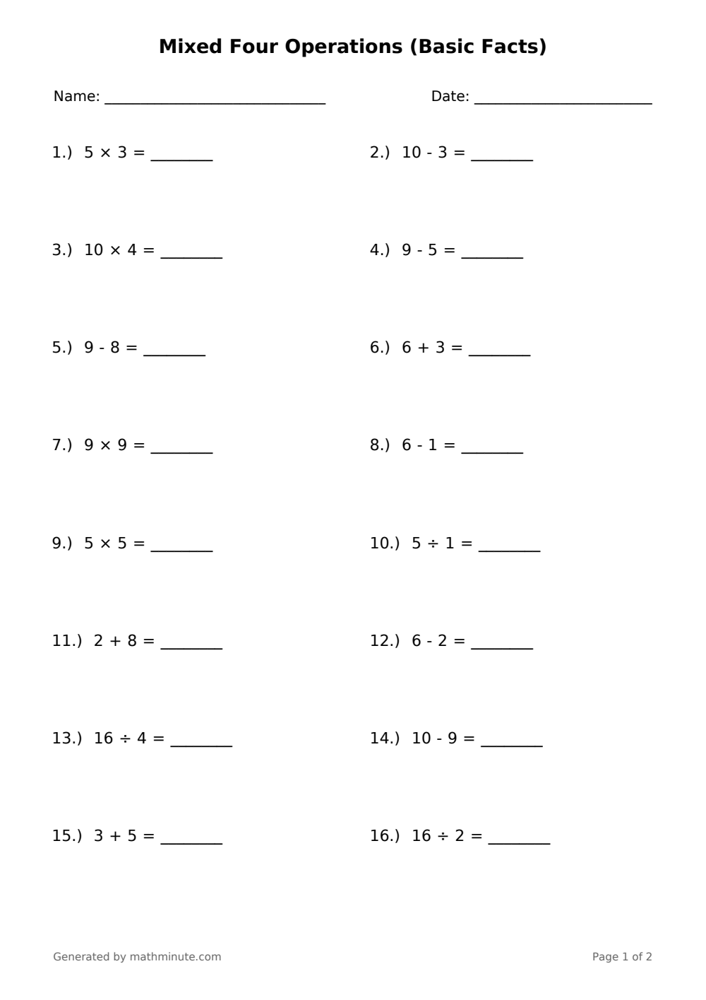 Free printable Mixed Four Operations (Basic Facts) math worksheet — page 1 preview.