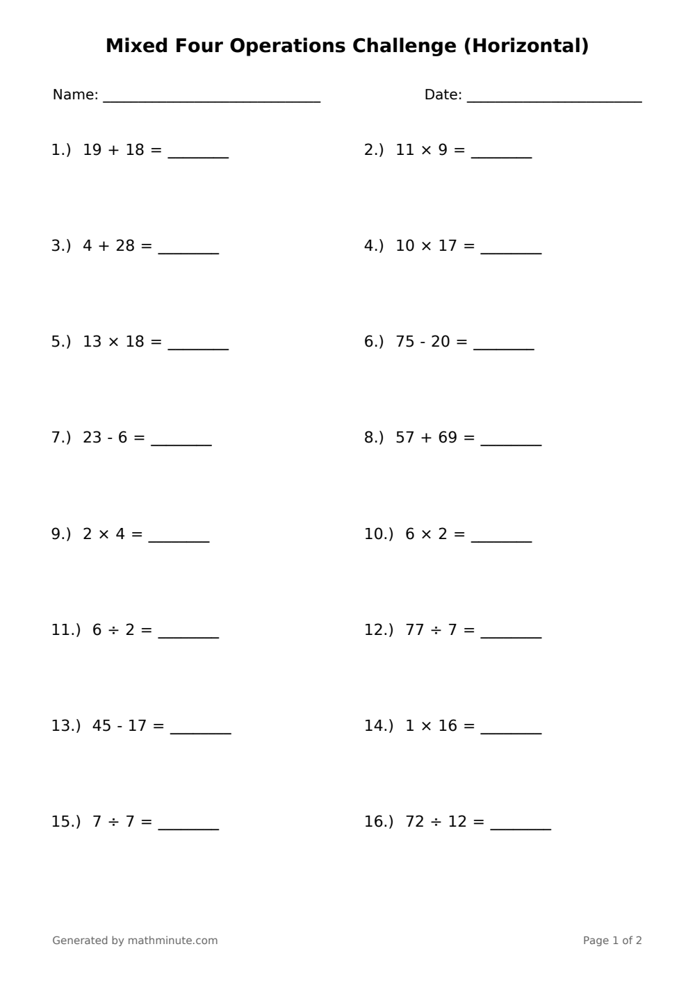 Free printable Mixed Four Operations Challenge (Horizontal) math worksheet — page 1 preview.