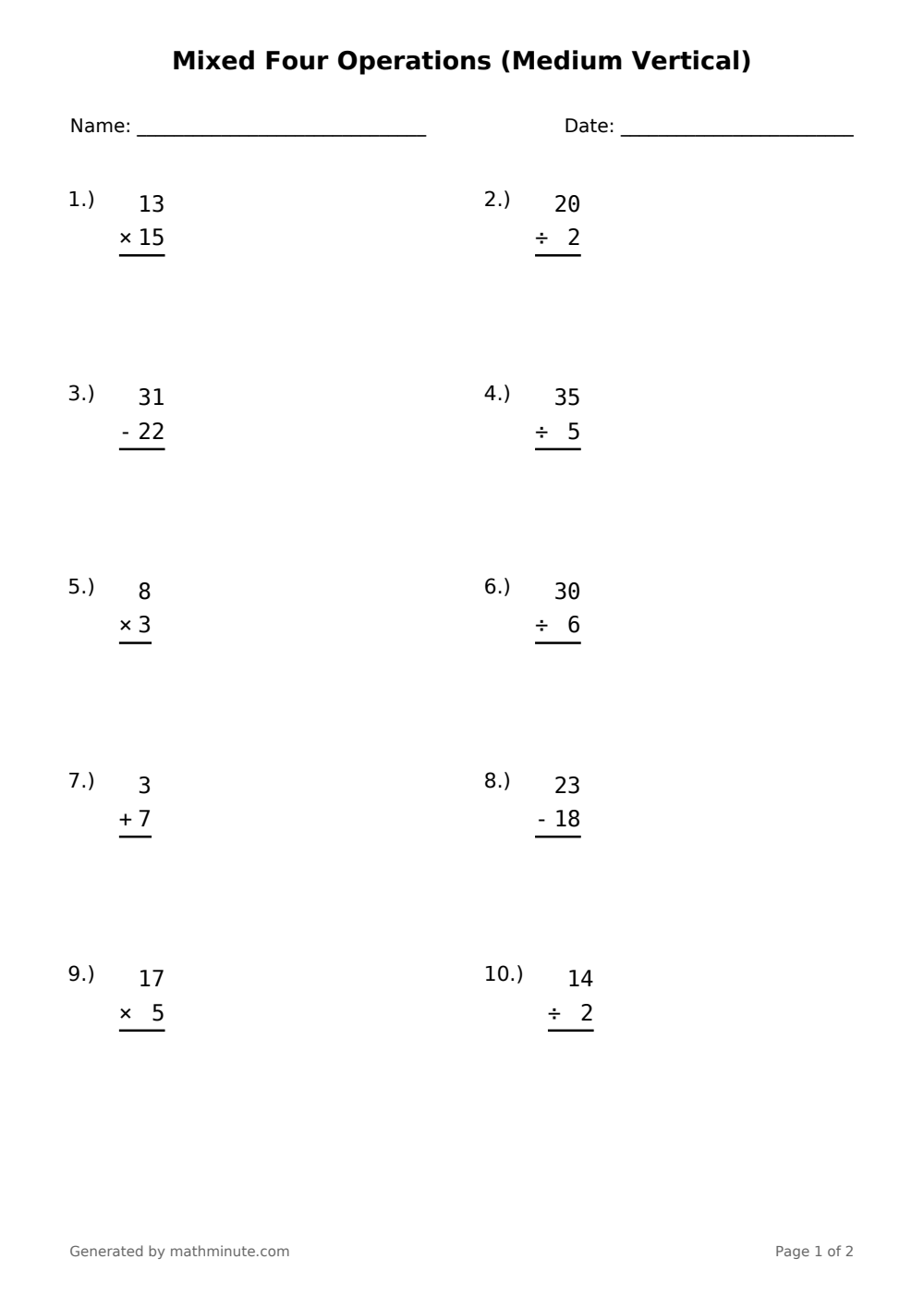 Free printable Mixed Four Operations (Medium Vertical) math worksheet — page 1 preview.