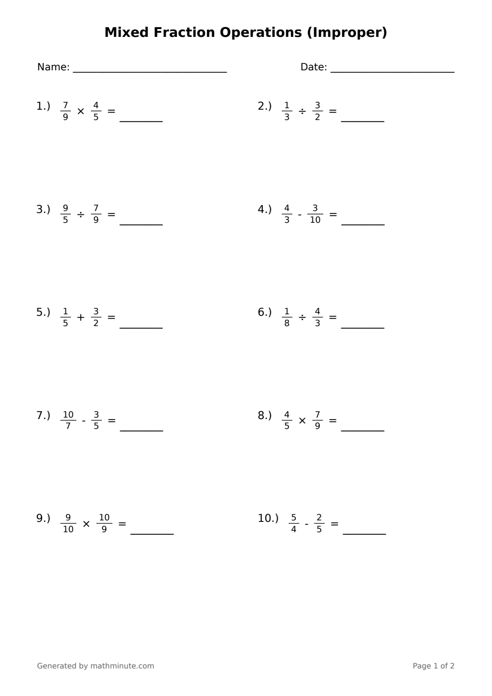 Free printable Mixed Fraction Operations (Improper) math worksheet — page 1 preview.