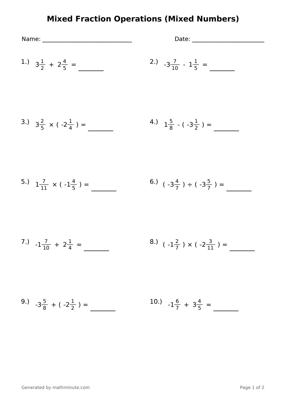 Free printable Mixed Fraction Operations (Mixed Numbers) math worksheet — page 1 preview.