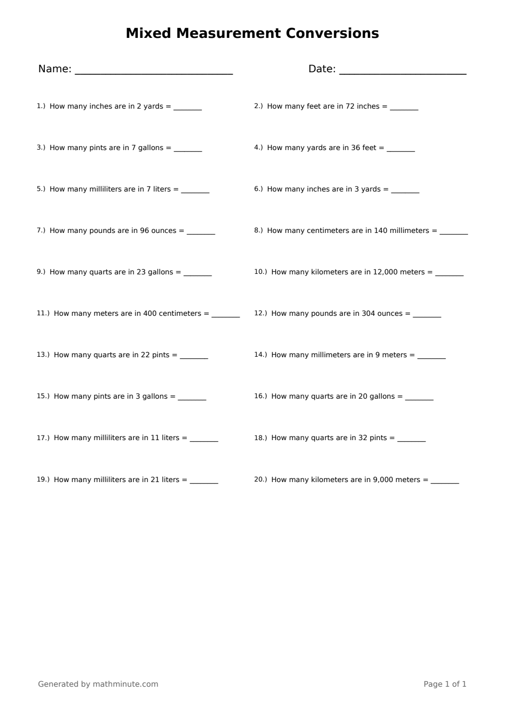 Free printable Mixed Measurement Conversions math worksheet — page 1 preview.