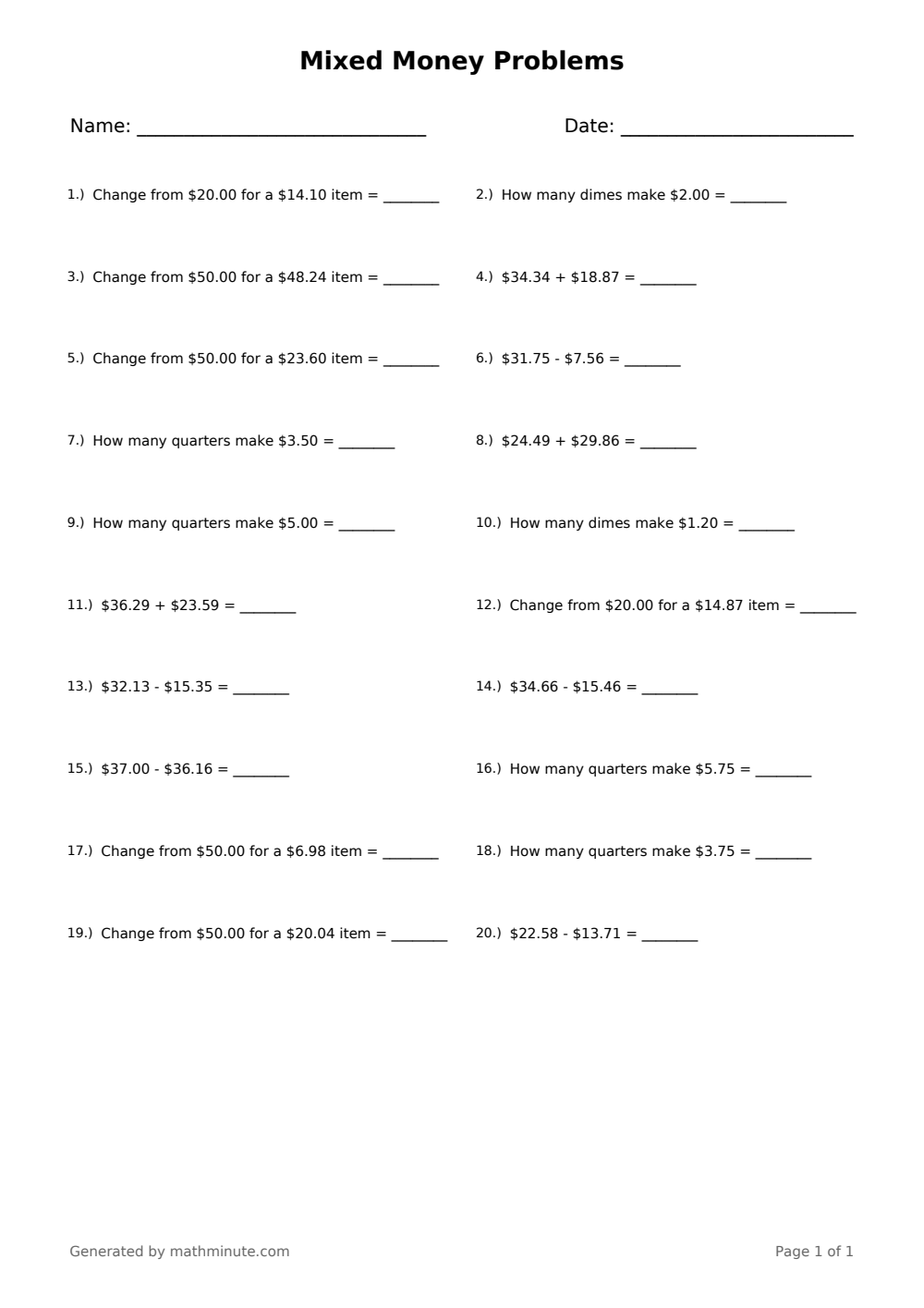 Free printable Mixed Money Problems math worksheet — page 1 preview.
