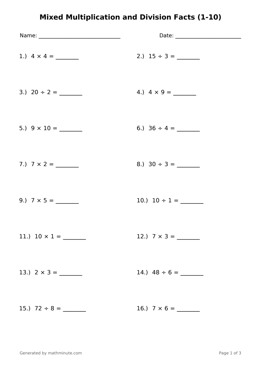 Free printable Mixed Multiplication and Division Facts (1-10) math worksheet — page 1 preview.