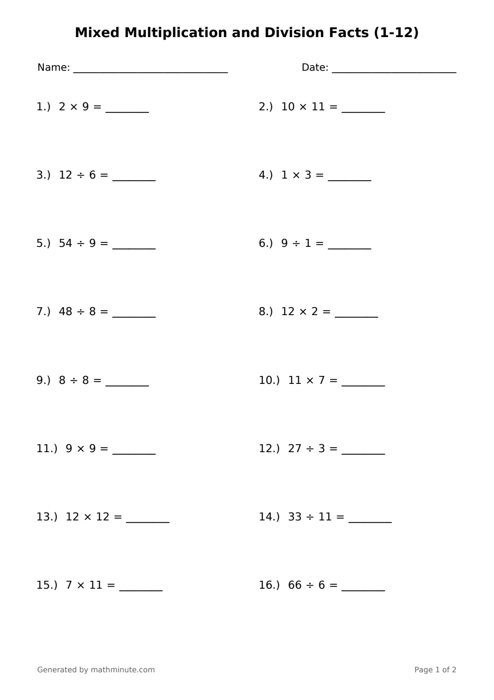 Free printable Mixed Multiplication and Division Facts (1-12) math worksheet — page 1 preview.
