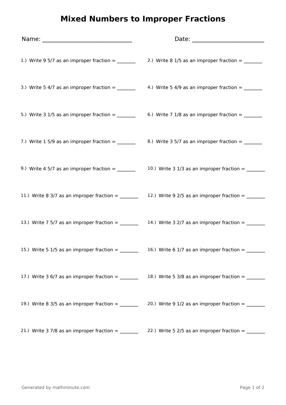 Free printable Mixed Numbers to Improper Fractions math worksheet — page 1 preview.