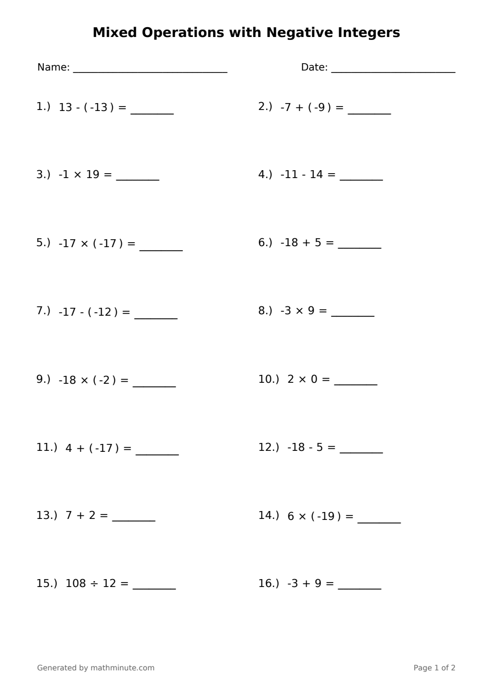 Free printable Mixed Operations with Negative Integers math worksheet — page 1 preview.