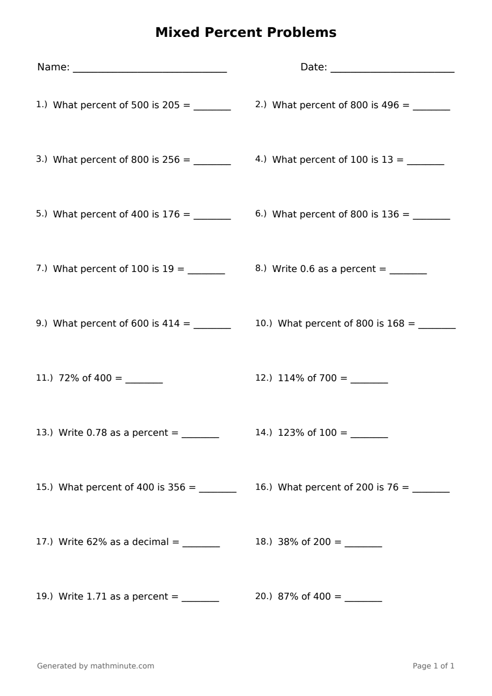 Free printable Mixed Percent Problems math worksheet — page 1 preview.