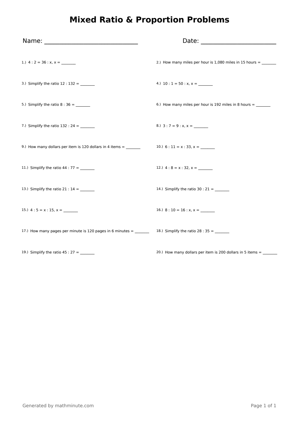 Free printable Mixed Ratio & Proportion Problems math worksheet — page 1 preview.