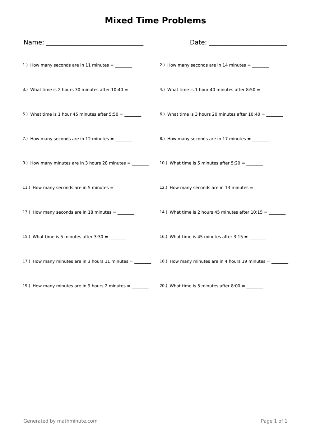 Free printable Mixed Time Problems math worksheet — page 1 preview.