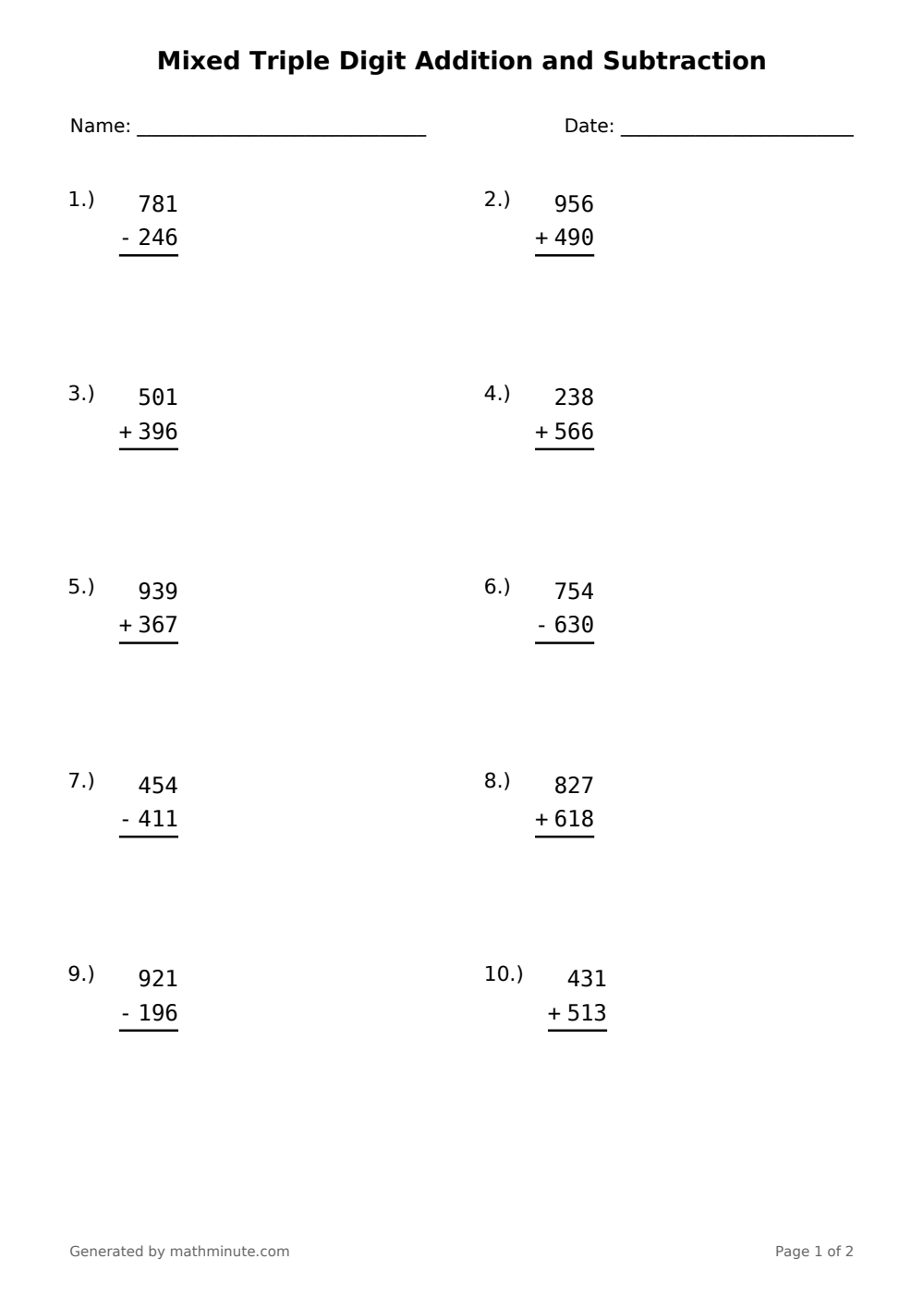 Free printable Mixed Triple Digit Addition and Subtraction math worksheet — page 1 preview.