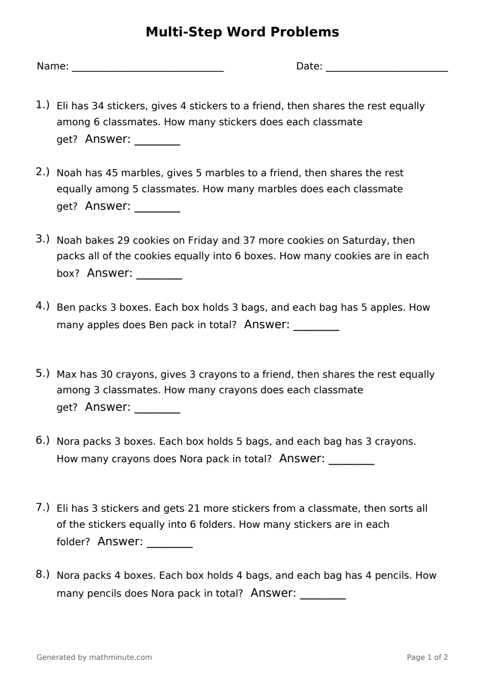 Free printable Multi-Step Word Problems math worksheet — page 1 preview.