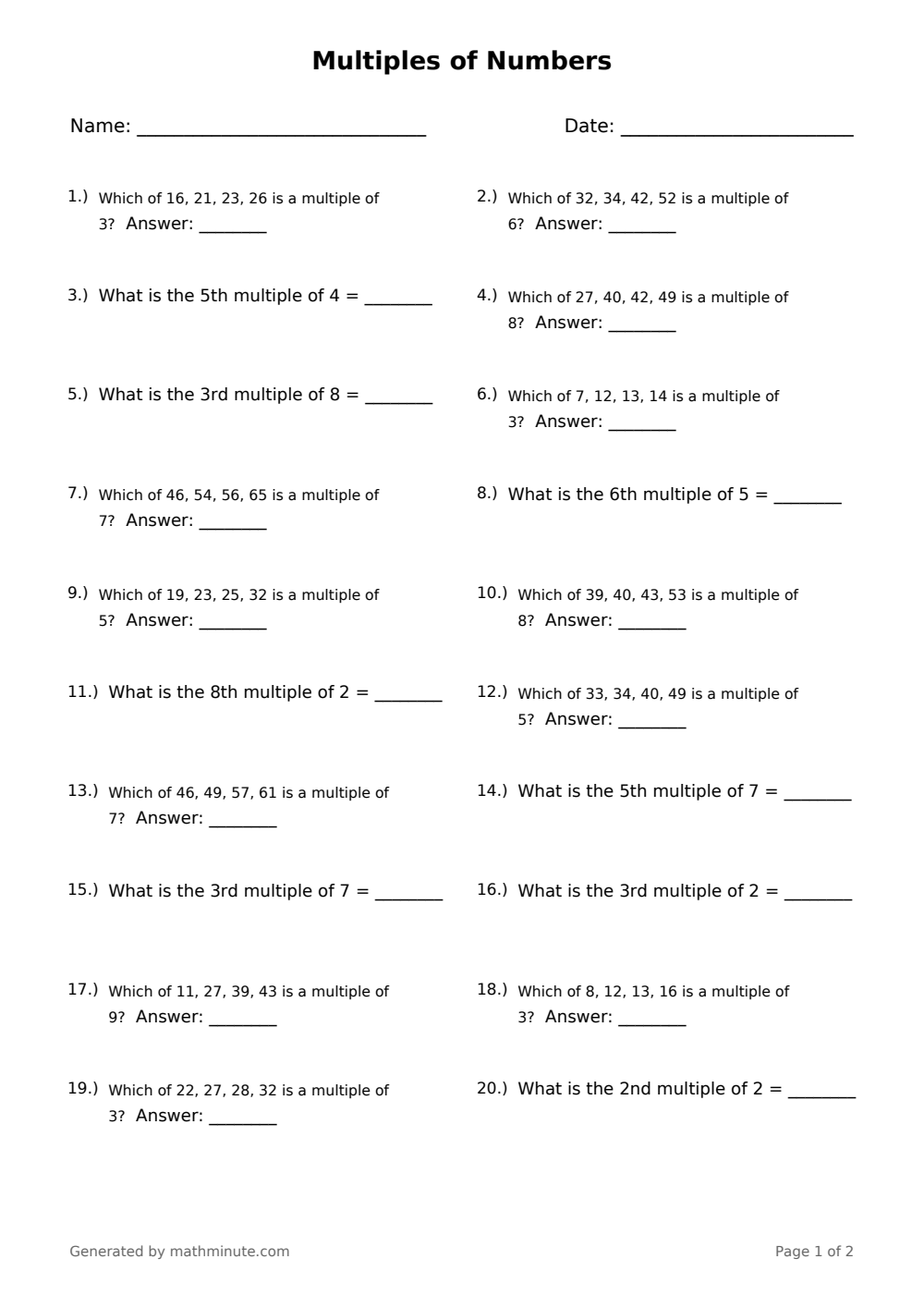 Free printable Multiples of Numbers math worksheet — page 1 preview.