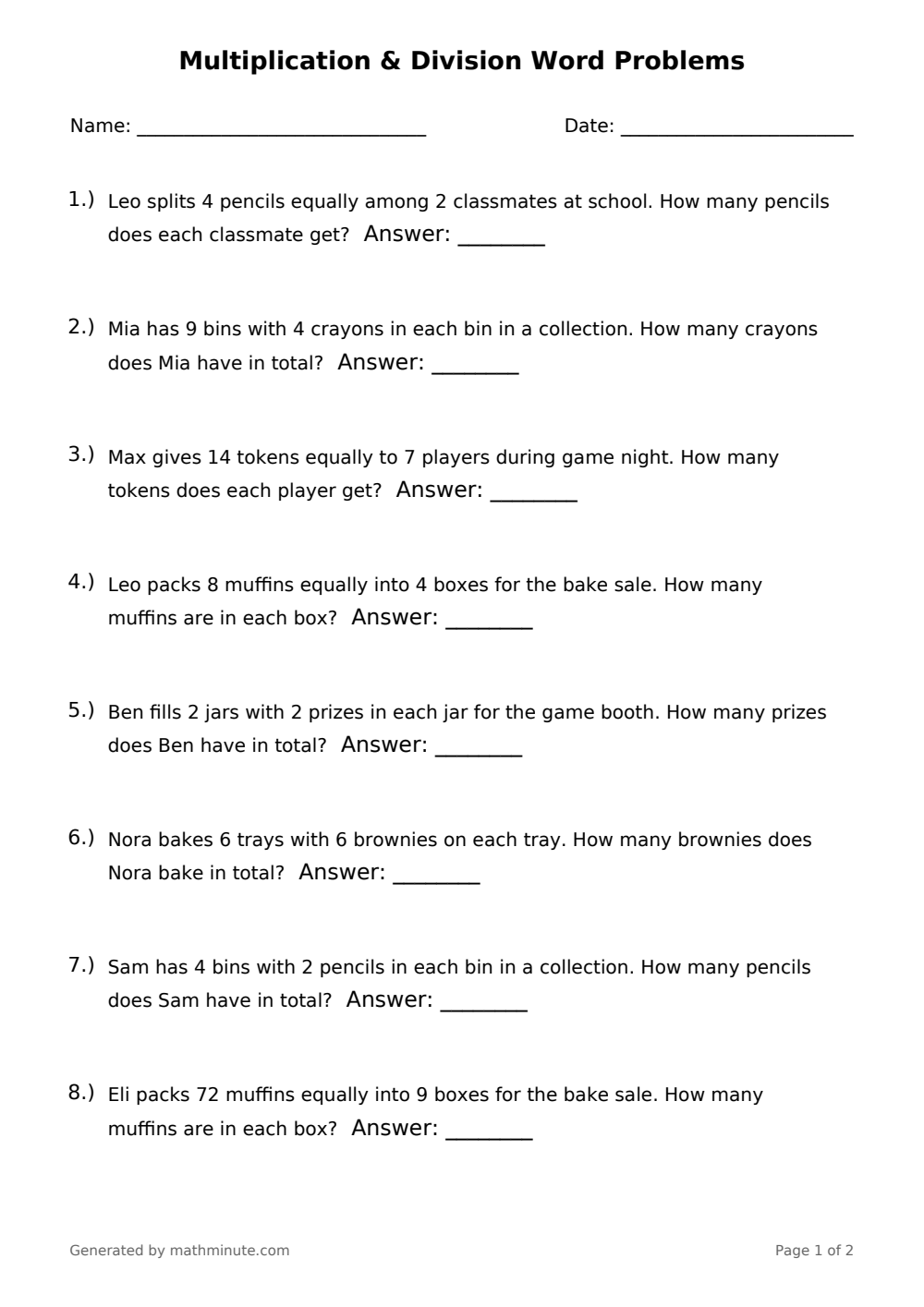 Free printable Multiplication & Division Word Problems math worksheet — page 1 preview.