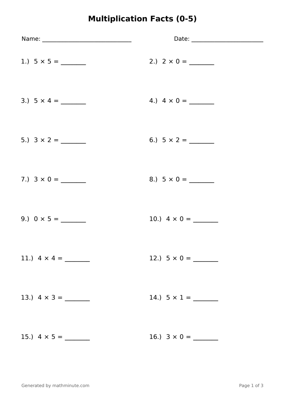 Free printable Multiplication Facts (0-5) math worksheet — page 1 preview.