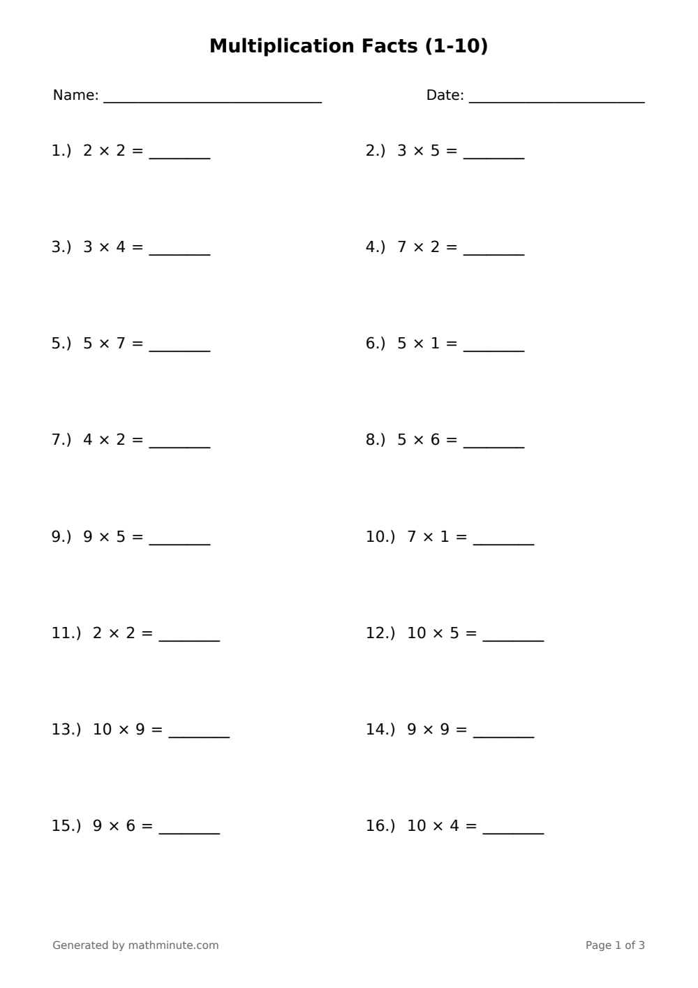 Free printable Multiplication Facts (1-10) math worksheet — page 1 preview.
