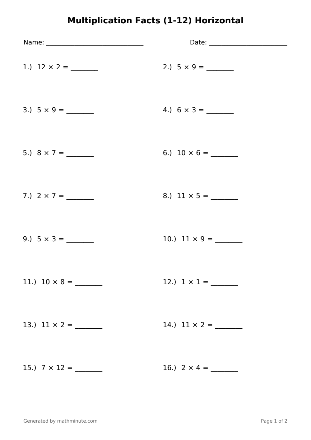 Free printable Multiplication Facts (1-12) Horizontal math worksheet — page 1 preview.